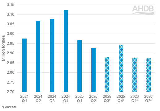 Historical and forecast trends in quarterly US beef production (million tonnes)